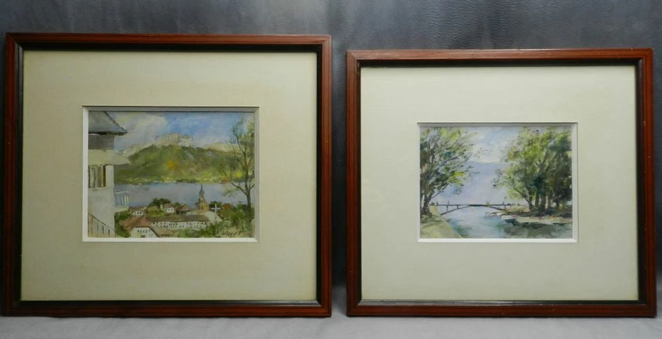 PAIRE D'HUILES SUR CARTON - ANNECY : LE LAC & LE PONT DES AMOURS - PAR BRUNET - Photo 1/1