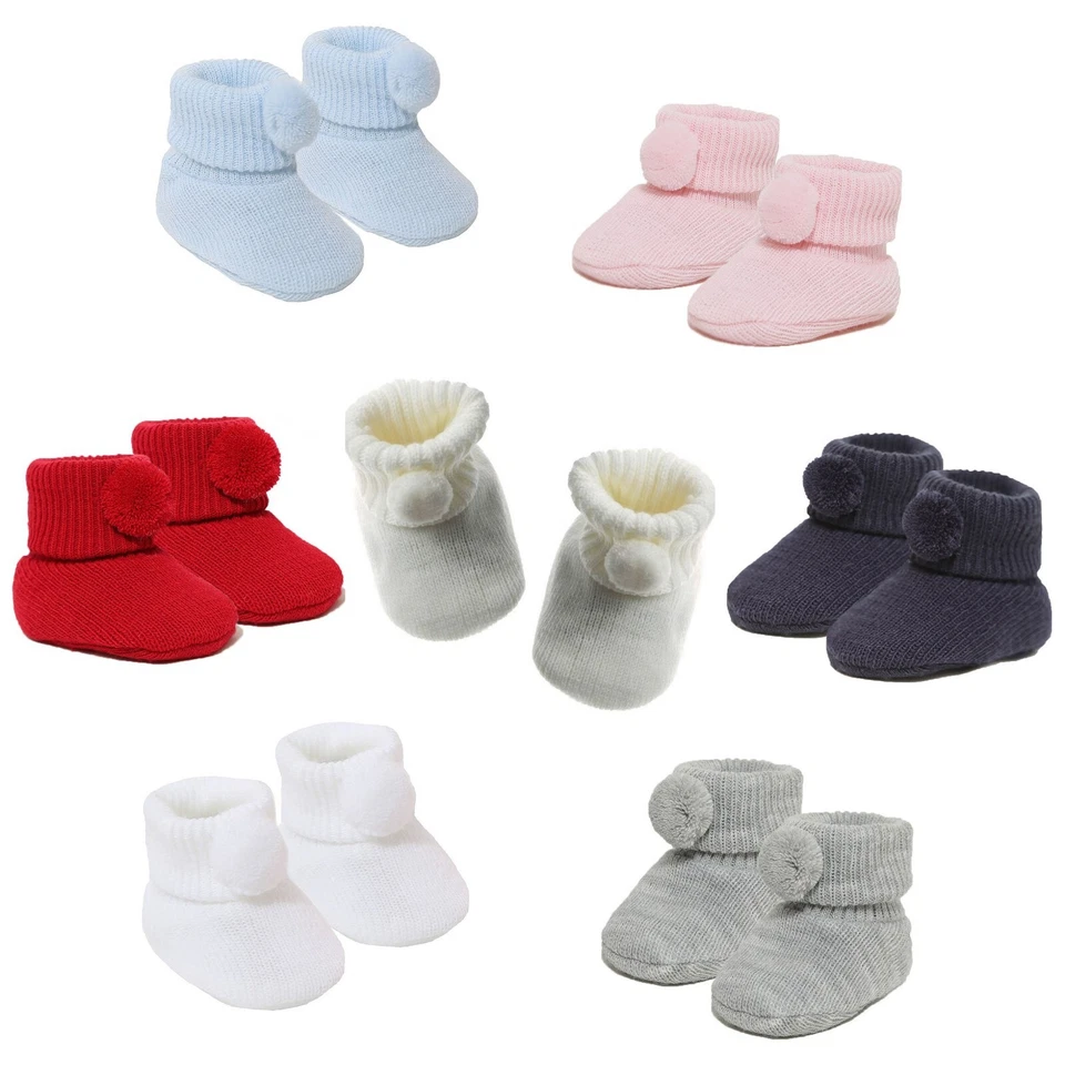 Newborn Baby Booties Spanish Style Pom Pom Soft Knitted Turn Over Top Boy Girl