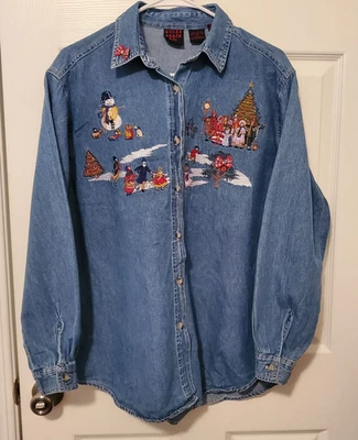 Women's Christmas Embroidered Denim Button Down  Jean Long sleeve Shirt Size L  - Image 1 of 4