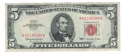**1963 $5 FIVE DOLLARS RED SEAL.** - Image 1 of 2