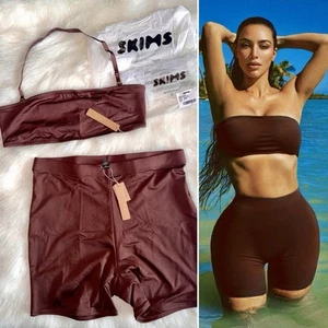 NEW Skims Swim 2 Piece Set Cocoa Sz Large L Bandeau & Mid Waist Shorts - Picture 1 of 11