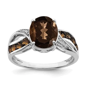 Sterling Silver Rhodium Diamond & Smoky Quartz Ring Size 7 for Women 3.13gm - Picture 1 of 6