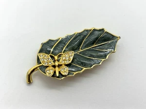Vintage Gold Tone Green Enamel Leaf Brooch with Removable Butterfly Pin by SP - Picture 1 of 10
