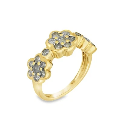 9ct Yellow Gold Triple Diamond Cluster Flower Ring - 1.15ct - Image 1 of 4