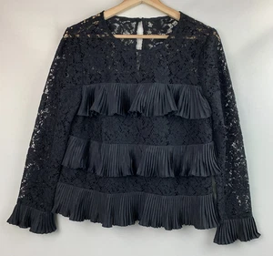 J. Crew Top Black Lace Fabric Pleats Pullover Long Sleeve Button Lined Size 8 - Picture 1 of 11