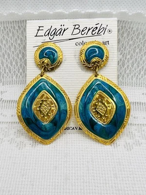 Vintage Edgar Berebi Earrings Blue Aqua Enamel Dangles Pierced Gold Tone 2.25” - Image 1 of 4