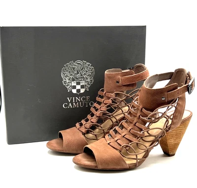 Vince Camuto Evel Leather Heels Taupe Buckle Gladiator Stretchy Caged Area SZ 8 - Image 1 of 4