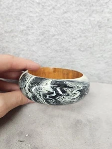 Black & White Marble Like Painted Pattern Wooden Cuff Bracelet 2.5" Hole - Picture 1 of 10