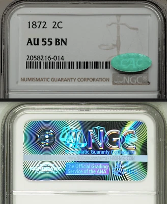 1872 NGC AU55 CAC Key Date LOWEST MINTAGE 2c Business Strike! Two Cent Piece - Image 1 of 4