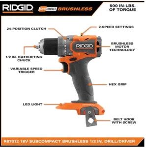 ridgid 18V SubCompact Brushless Cordless 1/2 in. Drill/Driver tool only - Picture 1 of 1