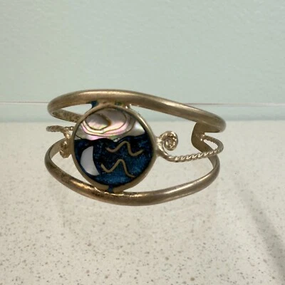 Vintage Alpaca Mexico Silver Tone Abalone Shell Inlay Cuff Slip On Bracelet Kids - Image 1 of 4