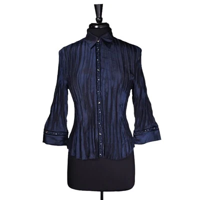 Camisa Top Piano Mujer Abotonada Azul Arrugado Estrás Cuentas Vintage M Foto 1 de 4