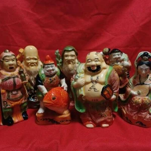 SEVEN LUCKY GODS KUTANI Ware Small Pottery Statue Set Japanese Vintage Figurine - Picture 1 of 24