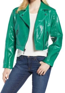 $395 Kenneth Cole Women's Green Patent-Leather Cropped Moto Jacket Size M - Picture 1 of 5
