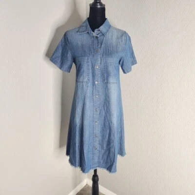 Chelsea & Violet Dress Women Small Blue Denim Cotton Frayed Hem Chambray Classic - Image 1 of 4