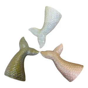 Mermaid Tail Pearlized Ceramic Iridescent Pink Light Grey & White Set of 3 - Picture 1 of 1