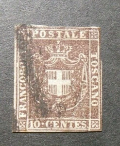ITALIA ,ITALY 1860 Toscana Tuscany " Stemma di Savoia" 10c bruno 3° Used ss.19 - Picture 1 of 2