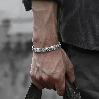 Men Vintage Silver Pixiu Cuff Bracelet Adjustable Wrist Bangle Lucky Bracelet - Image 1 of 4