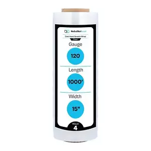 Bundling Film Cast Hand Stretch Wrap Film Clear 15" x 1000' 120 Ga 4 Rolls - Picture 1 of 9