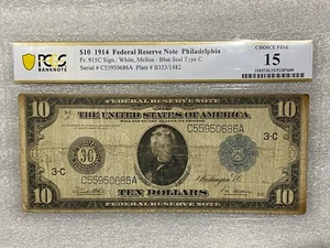 1914 Fr. 915C $10 Blue Seal Federal Reserve Note Philadelphia PCGS 15 - Picture 1 of 4
