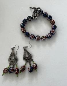 Handcrafted Cloisonne Floral  Bracelet And Earrings - Bild 1 von 6