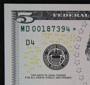 $5 2013 GEM CU Star Federal Reserve Note MD00187394* SINGLE RUN ISSUE 320K print - Picture 1 of 3