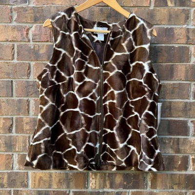 Jordan Giraffe Print Faux Fur Vest Sleeveless Brown Full Zip Womens XL NWT - Image 1 of 4