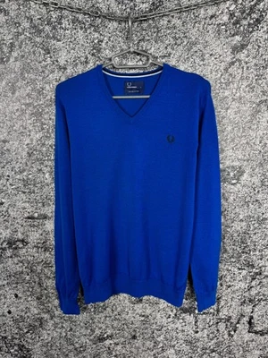 Men’s Fred Perry V-Neck Sweater Pullover Merino Wool Blue Size L - Image 1 of 4