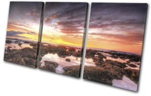Beautiful Shore Rocks Sunset Seascape TREBLE CANVAS WALL ART Picture Print - Picture 1 of 1