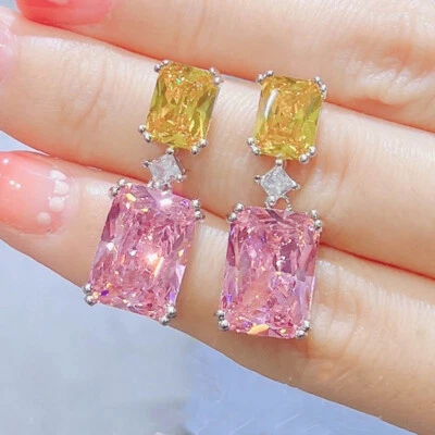New Charm Mix Color Pink Topaz Citrine Gems Silver Stud Dangle Women Earrings - Image 1 of 4