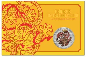 AUSTRALIA MITOS CHINOS LEGENDS DRAGÓN 2021 1 OZ PLATA BU MONEDA DE COLOR EN TARJETA - Imagen 1 de 4