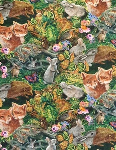 Garden animals fabric UK 100% cotton material metres Rabbit Fox animals wild - Picture 1 of 2