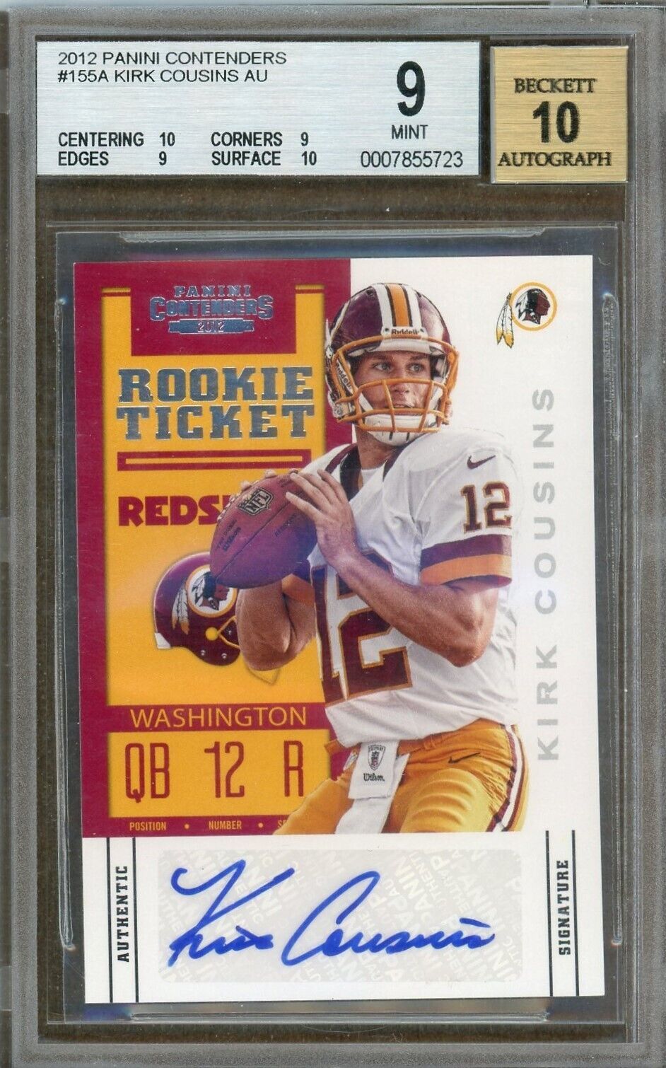 HOT 🔥 KIRK COUSINS RC 🔥 2012 Contenders Rookie Ticket Auto 🔥 BGS 9 10