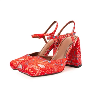 Womens 2025 Fashion Jacquard Square Toe Ankle Strap Block Heel Sandal Shoes  - Picture 1 of 5