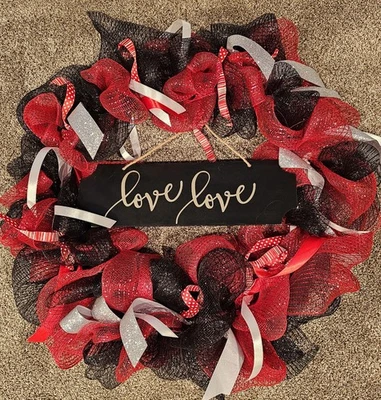 Valentines Mesh Wreath 24"x24" Red and Black, Sign Love Love, Ribbon - Image 1 of 3