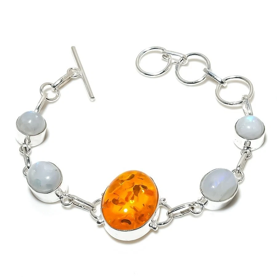 Pulseira de prata esterlina 925 feita à mão com pedra preciosa âmbar do Báltico tamanho 7-8" - Imagem 1 de 1