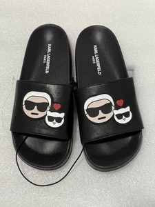 NEW Karl Lagerfeld Paris ZIVEN A25 Slides Sandals Black Karl & Choupette Size 7 - Picture 1 of 5