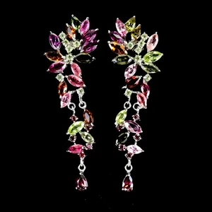 925 Sterling Silver Earrings Marquise Tourmaline Peridot Rhodolite Gemstone - Picture 1 of 14