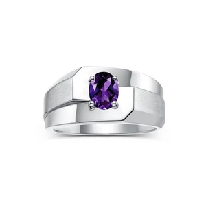 RYLOS Men's Sterling Silver Solitaire 7x5MM Gemstone Ring Birthstone, Sizes 8-13 - Picture 1 of 29