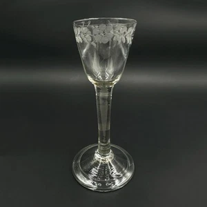 ANTIQUE 18thC ENGRAVED GEORGIAN WINE GLASS PLAIN STEM FOLDED FOOT c1740 - Picture 1 of 12