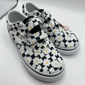NEW VANS DOHENY Toddler Grl Flower Daisy Checkerboard Shoes, Size 9 Black White - Picture 1 of 7