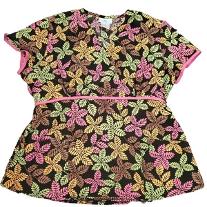 Scrub Top Womens XL Medical Healthcare Uniform Leaves Autumn Colorful Pockets - Picture 1 of 6