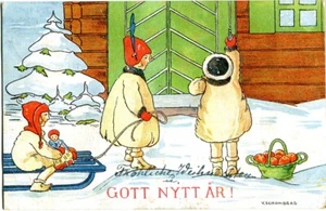 Cartolina Capodanno, Dio Nytt Ar, Natale, Bambini, Slitta Mele, Neve 1925 - Foto 1 di 1