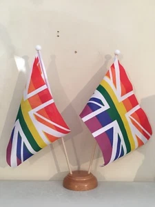 UNION JACK RAINBOW TABLE FLAG TWIN SET WOODEN BASE - Picture 1 of 1