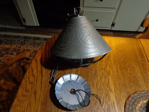Vintage  HARD WIRED Tin Punched Pierced Overhead Hanging Light Fixture Cover