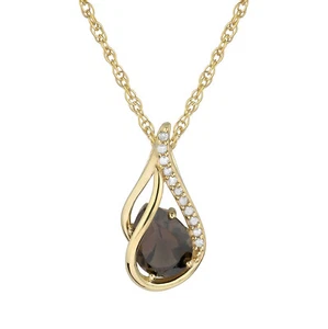 10k Yellow Gold Genuine Pear-shape Smoky Quartz & Diamond Halo Pendant Necklace - Picture 1 of 5