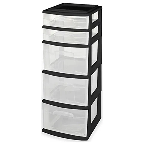 Homz Plastic 5 Clear Drawer Medium Home Storage Container Tower, Black Frame Cover
