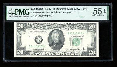 DBR 1950-A $20 FRN STAR New York Fr. 2060-B* PMG 55 EPQ Serial B01953609* - Image 1 of 2