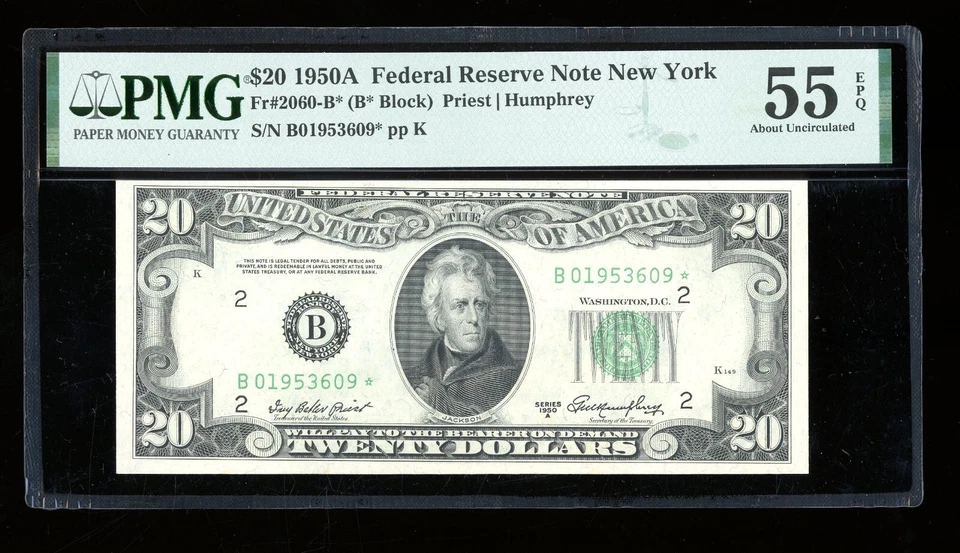 DBR 1950-A $20 FRN STAR New York Fr. 2060-B* PMG 55 EPQ Serial B01953609* - Image 1 of 2