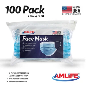 Amlife 100 Pack Disposable Face Mask 3Ply Filter Masks Made in USA Import Fabric - Picture 1 of 7